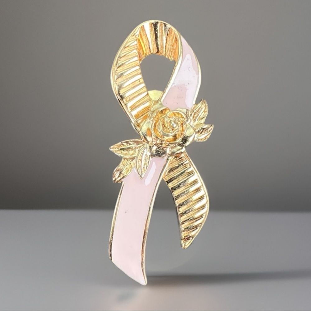 Vintage Avon, goldtone, light pink, ribbon brooch, pen